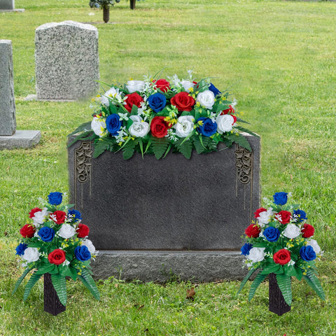 DONODA outdoor grave decoration in silk roses saddle for year-round cemetery displays.