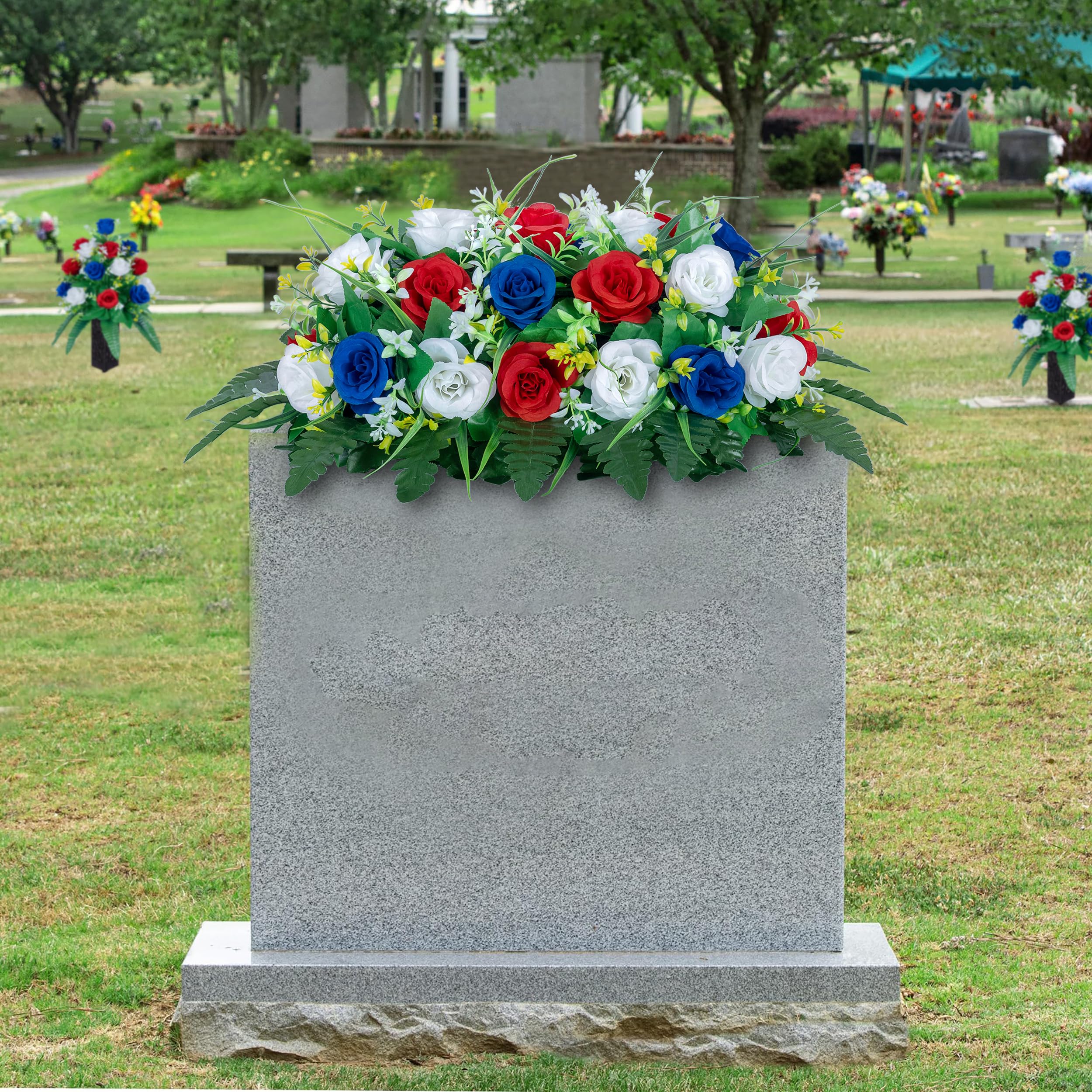 DONODA weather-resistant saddle keeps tombstone décor vibrant through seasons.