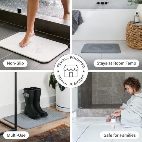 Dorai Stone Bath Mat offers a flat, stone-like surface for modern baths.