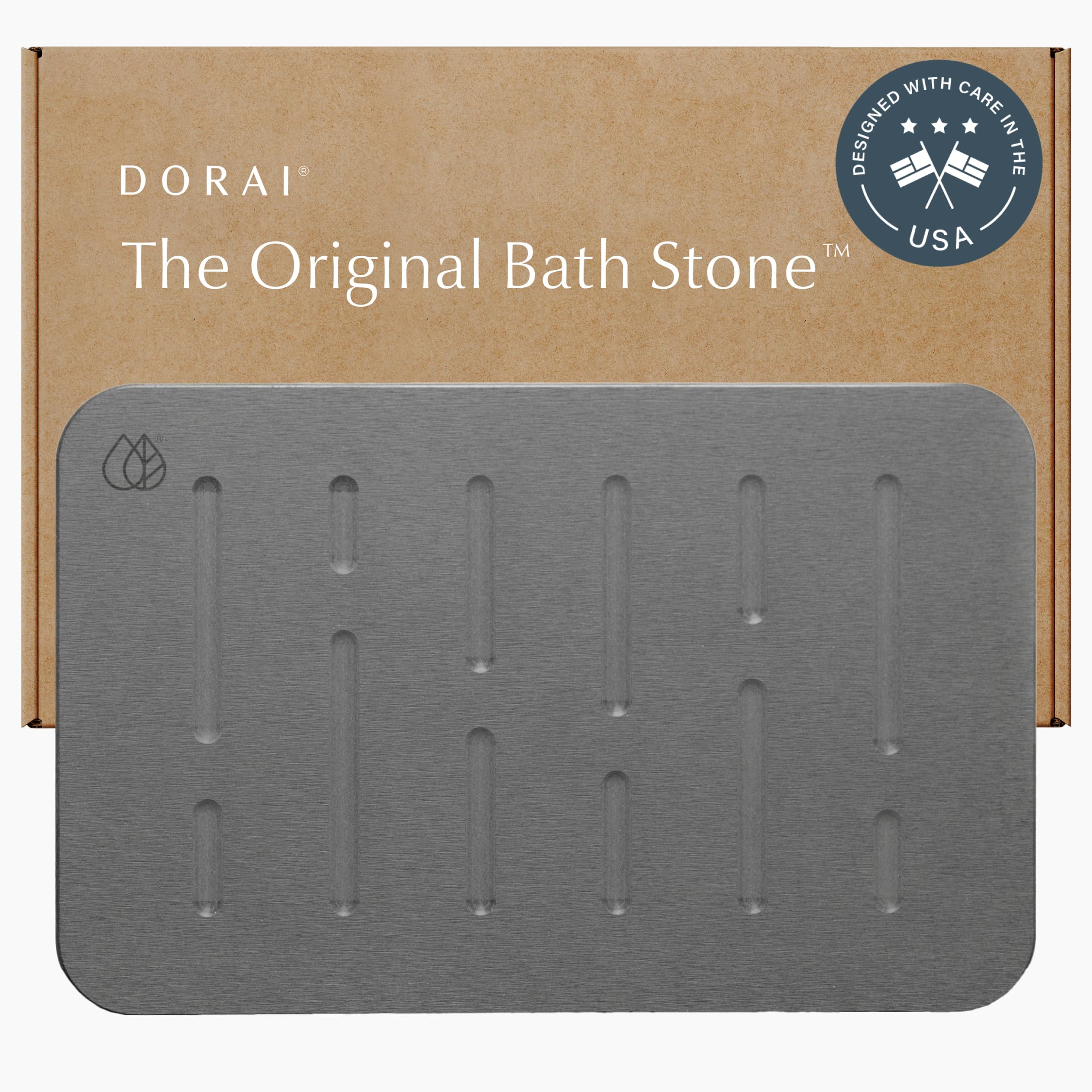 Dorai Stone Bath Mat with non-slip base keeps bathroom floors dry after shower.