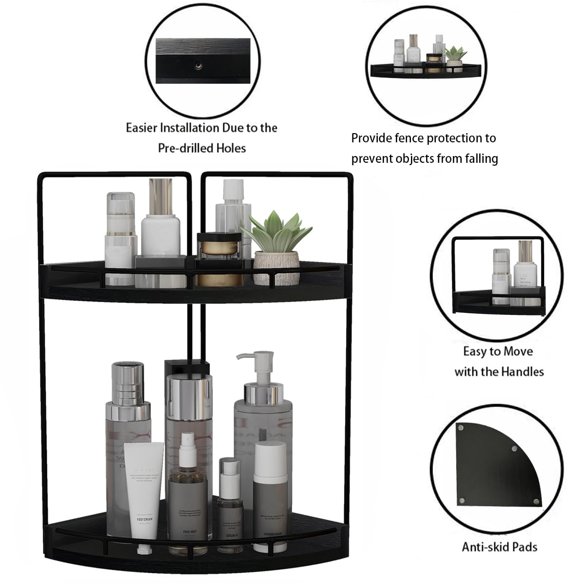 Dorhors vanity corner shelf holding skincare products within easy reach.