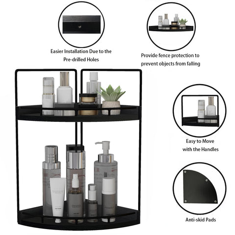Dorhors vanity corner shelf holding skincare products within easy reach.