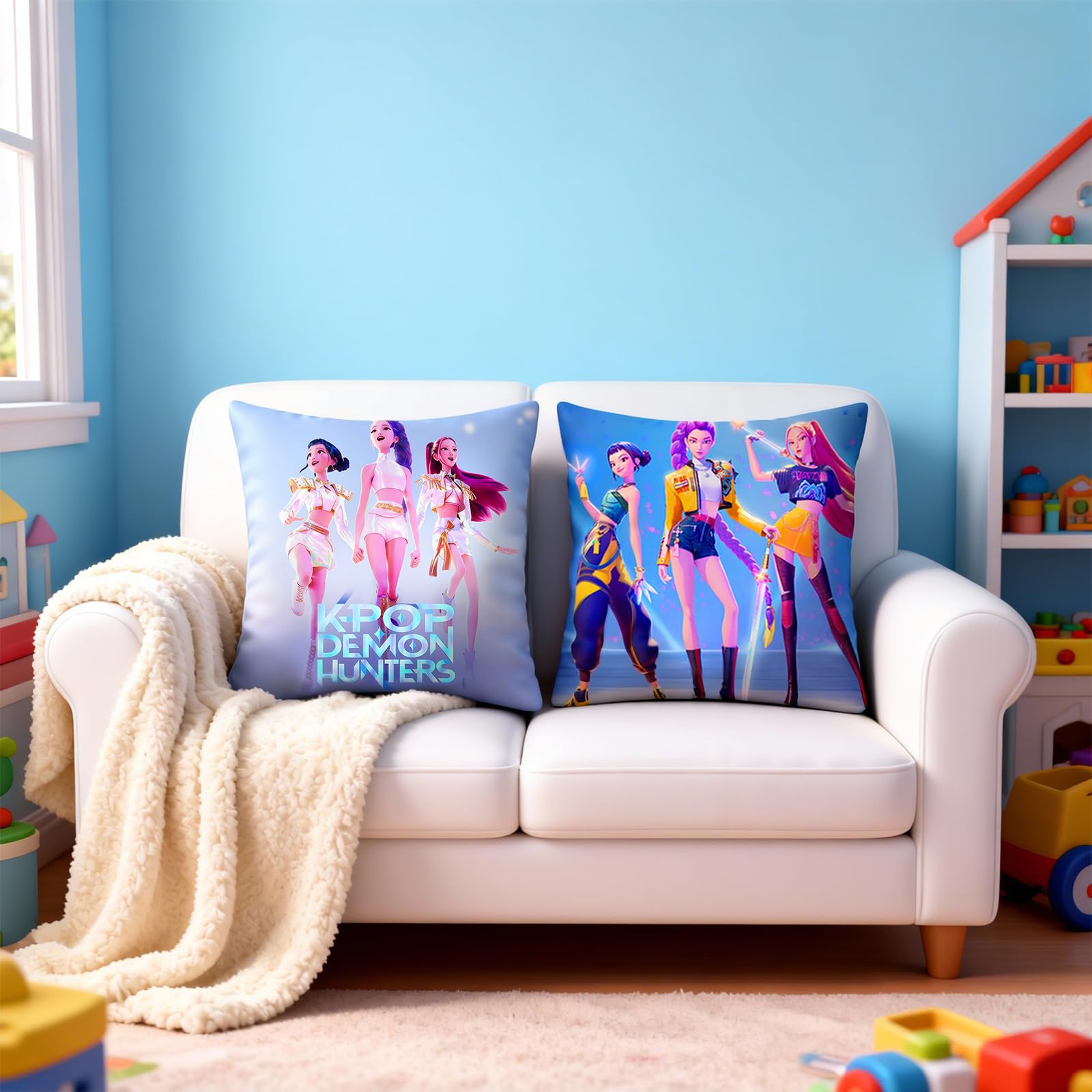 Dorjee Demon Hunters 18-inch pillow cover setup on a sofa for stylish room accents