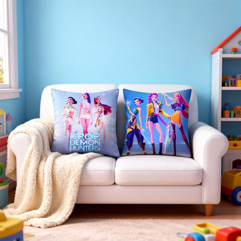 Dorjee Demon Hunters 18-inch pillow cover setup on a sofa for stylish room accents