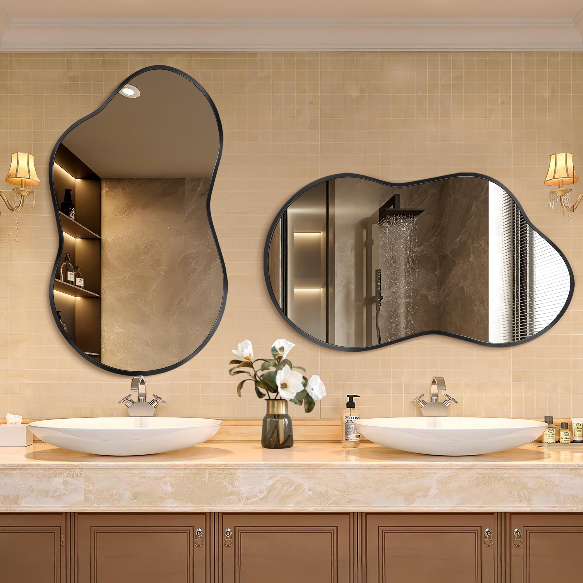 Dorlicecass irregular wall mirror with aviation aluminum frame emphasizing durability and modern style.
