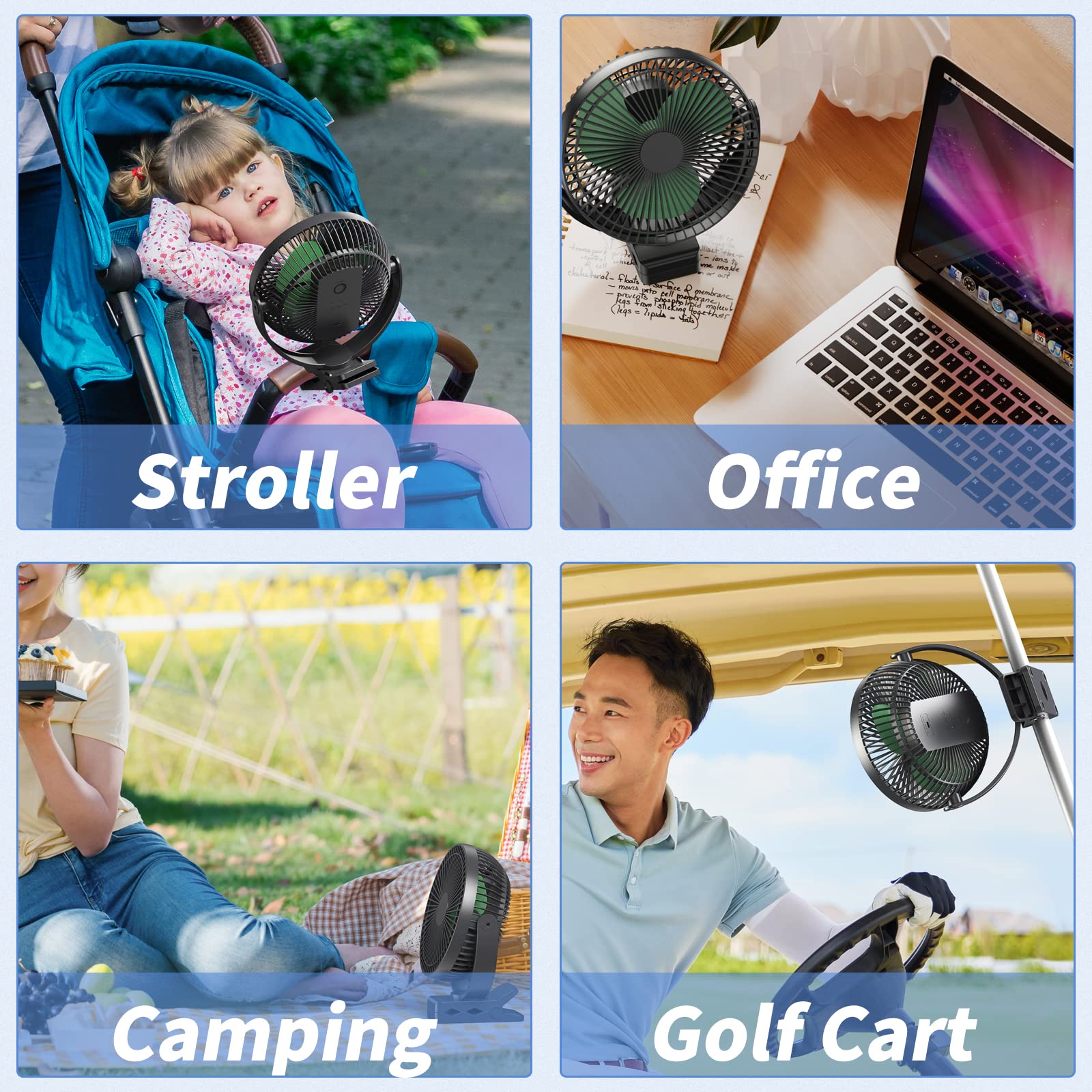 Dorobeen 10000mAh battery powered fan offers long-lasting breeze for travel.