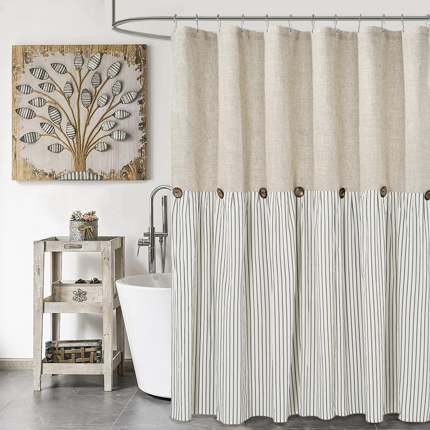DOSLY IDÉES farmhouse shower curtain with beige gray stripe for rustic bathroom charm