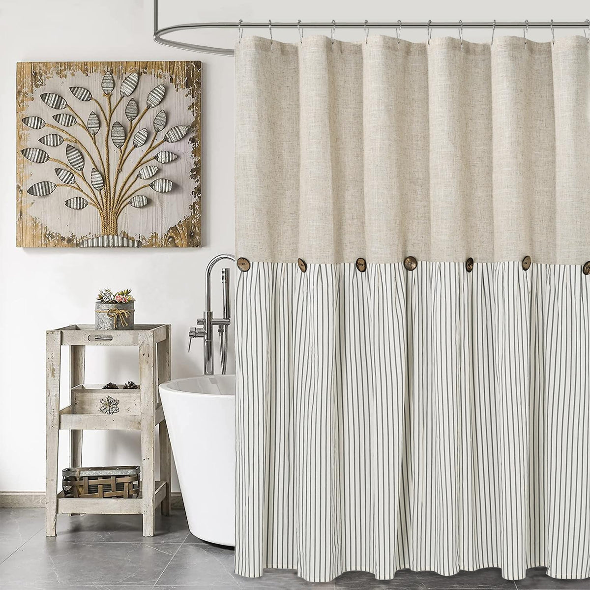 DOSLY IDÉES farmhouse shower curtain with beige gray stripe for rustic bathroom charm