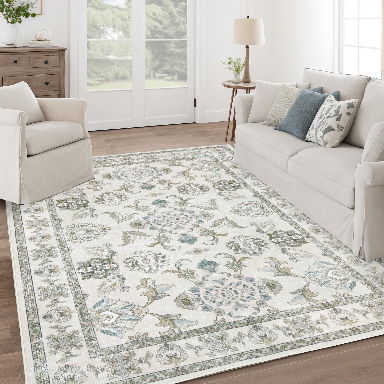 Dotiiorug 8x10 washable rug with beige-sage floral design, ideal for busy living spaces.