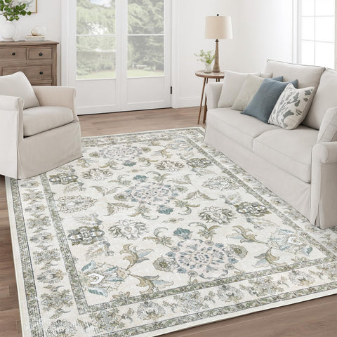 Dotiiorug 8x10 washable rug with beige-sage floral design, ideal for busy living spaces.
