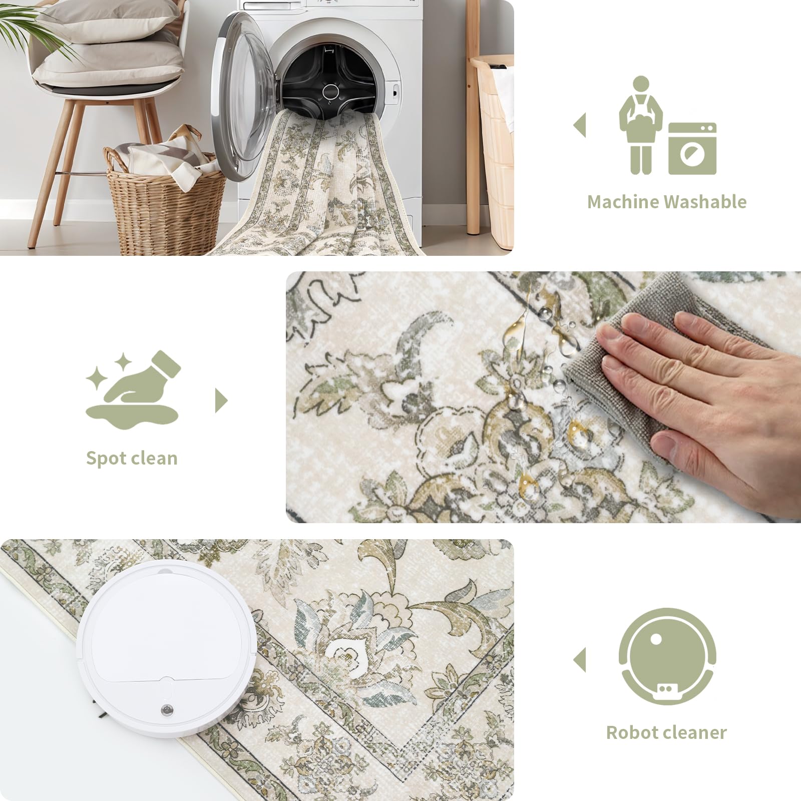 Dotiiorug beige-sage colorway complements modern or farmhouse decor across living spaces.