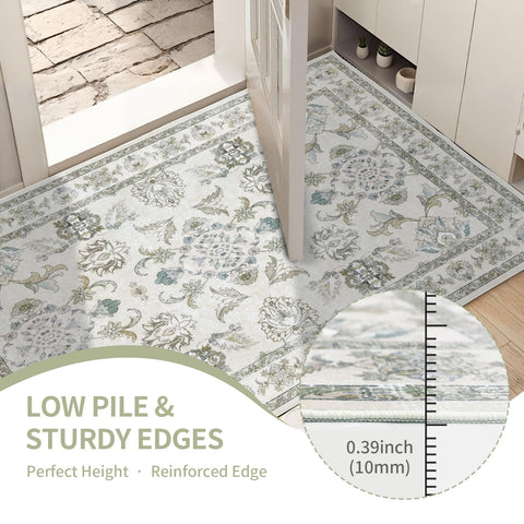 Dotiiorug low-pile machine-washable rug for easy cleaning after spills.