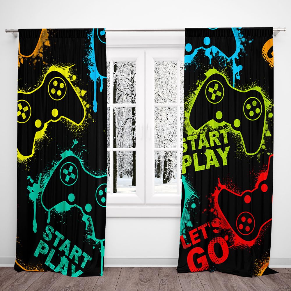 DOTOOMA neon gamepad curtains with bold graphics for a vibrant gaming setup.