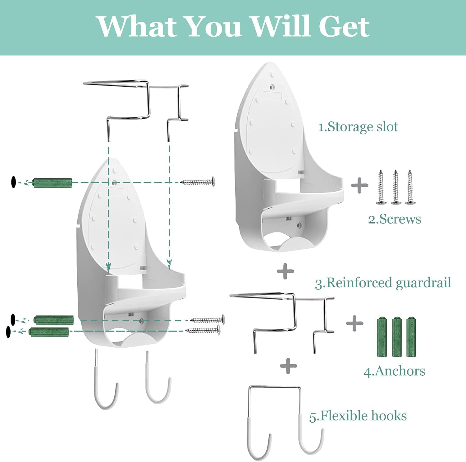 DOUBLE 2 C removable hooks holding an ironing board securely.