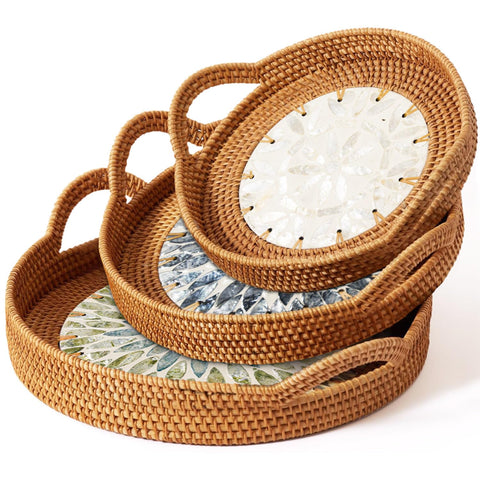 Double Gift Mothers Day Gift Set handwoven tray with shell inlay for elegant home decor.