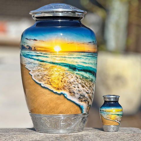 Double Trouble Waves on the Beach Keepsake Urn accessories, including velvet bag and paper funnel, for handling ashes
