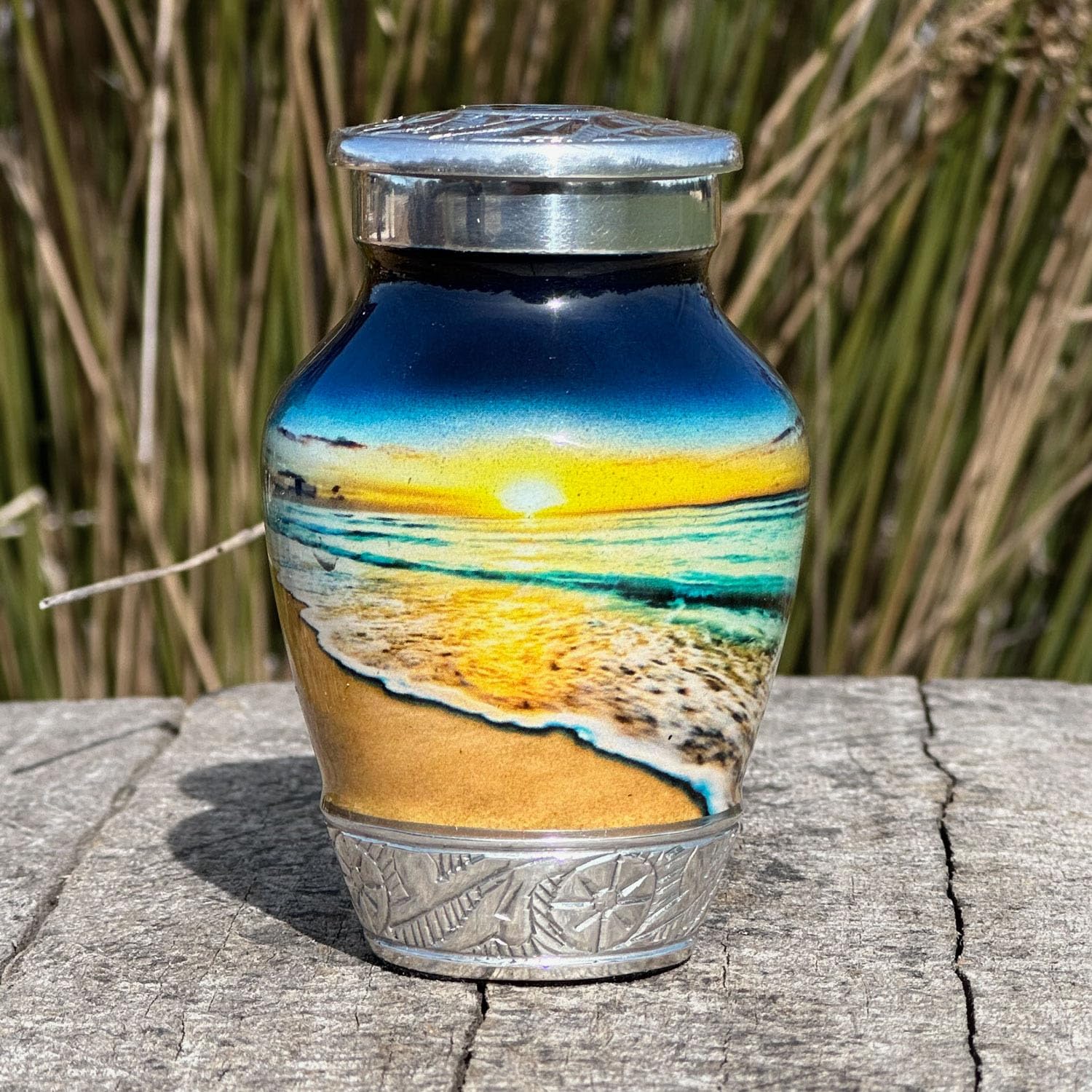 Double Trouble Waves on the Beach Keepsake Urn displayed as a seascape memorial for personal remembrance