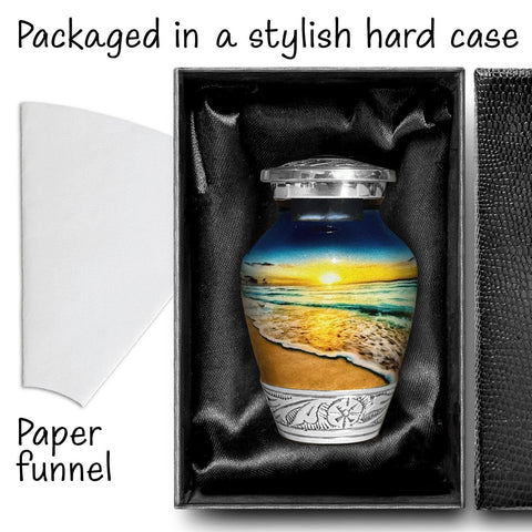 Double Trouble Waves on the Beach Keepsake Urn side view with screw-on lid highlighting secure closure