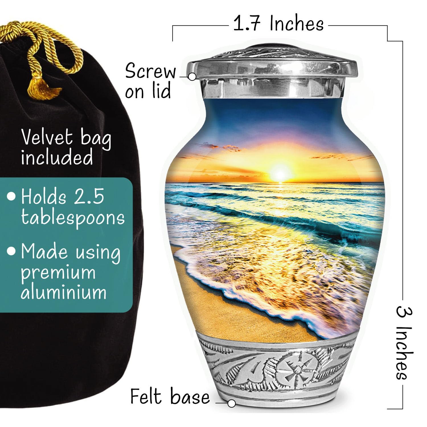 Double Trouble Waves on the Beach Keepsake Urn close-up of the silver engraving band emphasizing tranquility