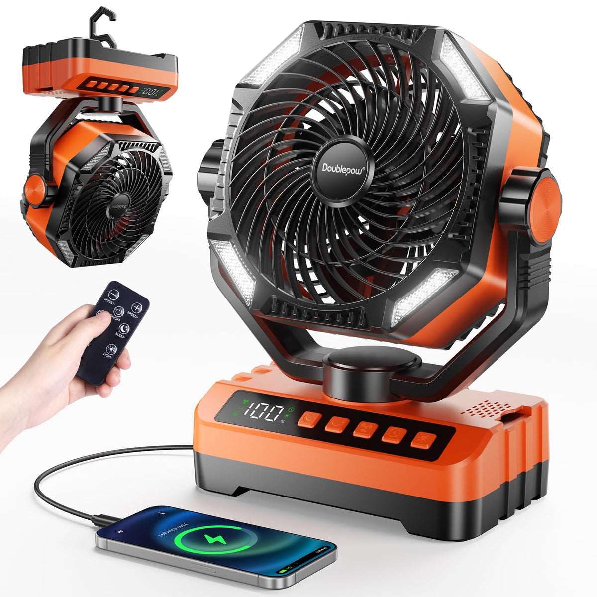 Doublepow camping LED fan with light for outdoor comfort and portability.
