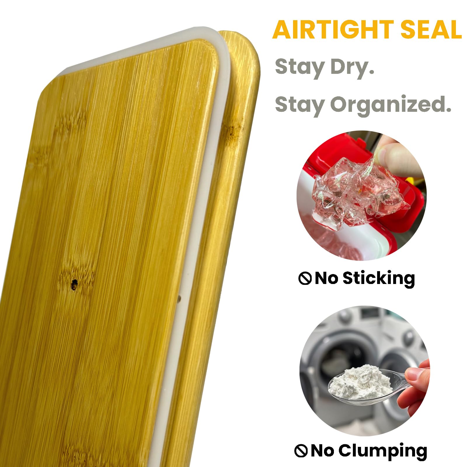 Dounozzi lids with rubber seal ensure airtight storage of laundry supplies.