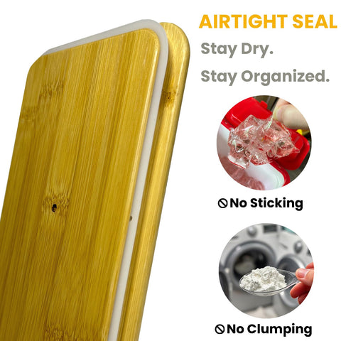 Dounozzi lids with rubber seal ensure airtight storage of laundry supplies.