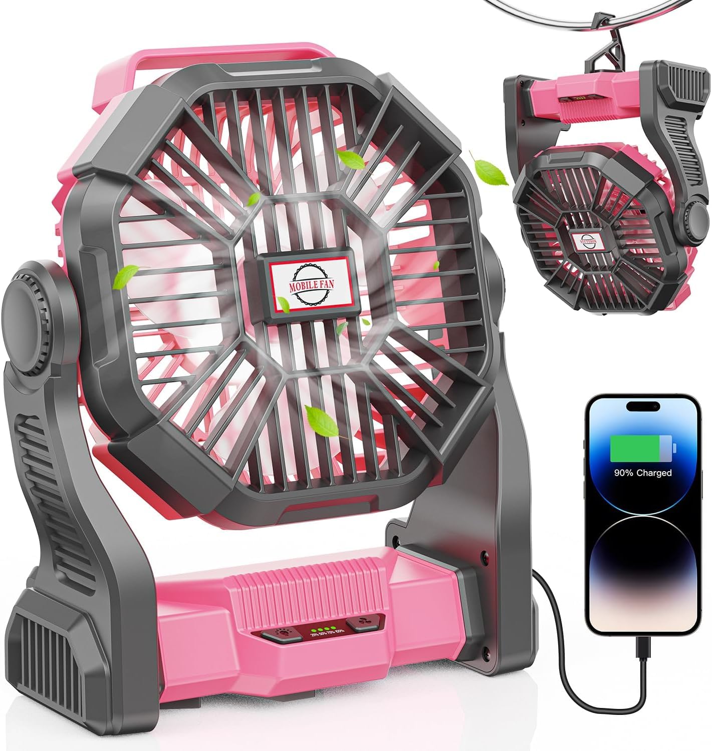 DOWILLDO 20000mAh camping fan front view in pink for cooling comfort