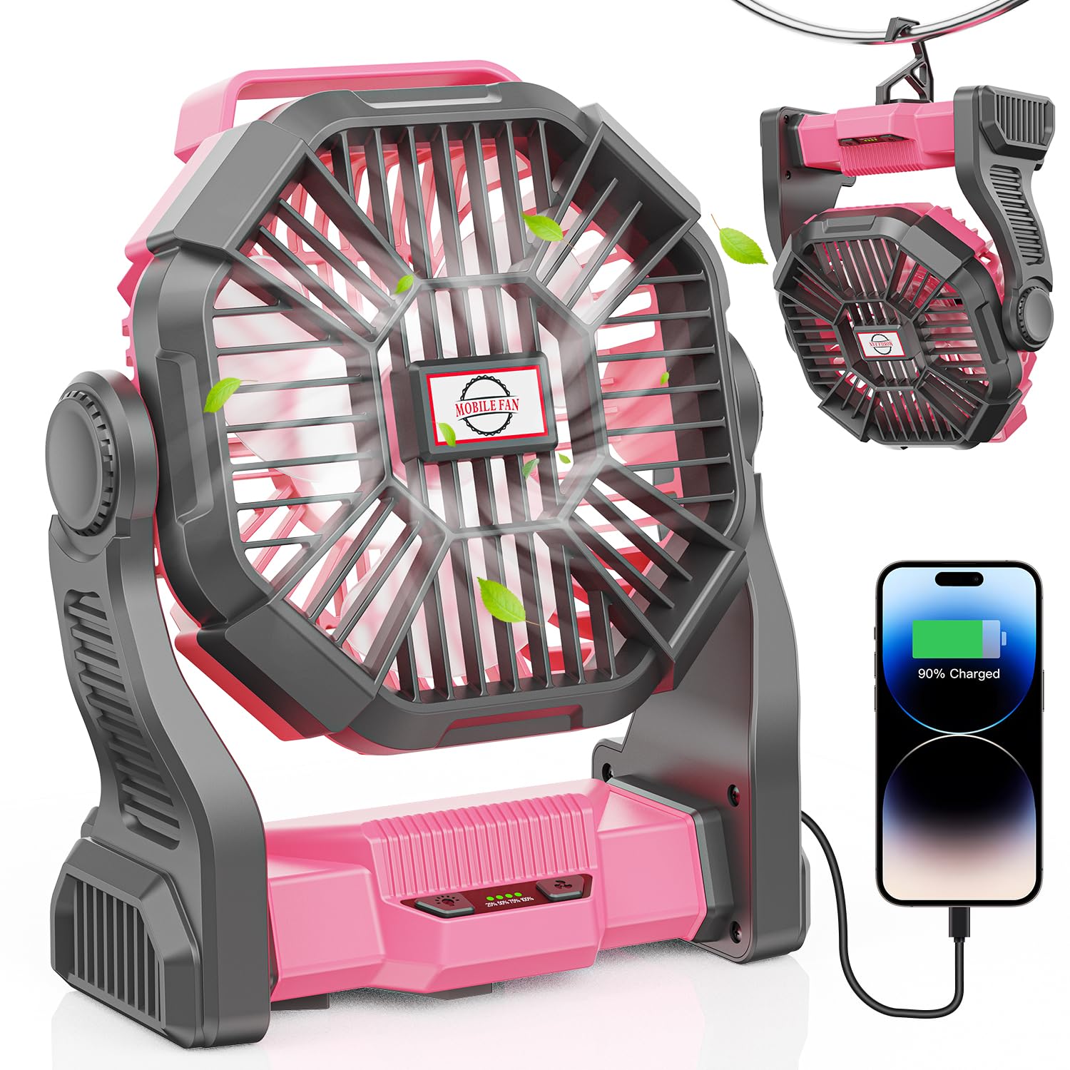DOWILLDO 30000mAh camping fan front view with powerful, quiet airflow for outdoor use.