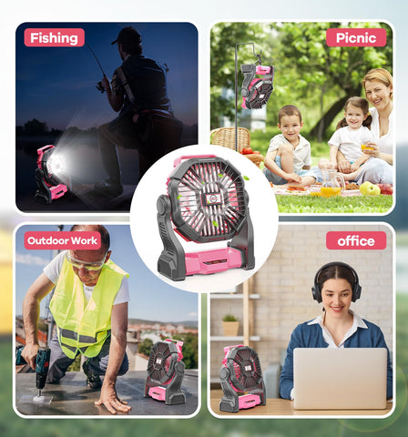 DOWILLDO pink outdoor fan ready for campsite or hurricane prep.