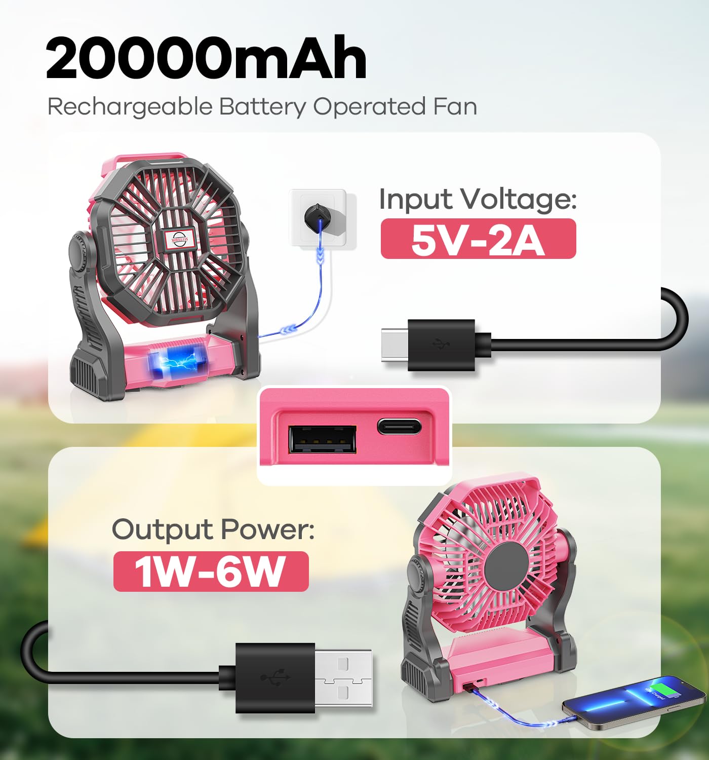 DOWILLDO camping fan side view showing compact design and long runtime.