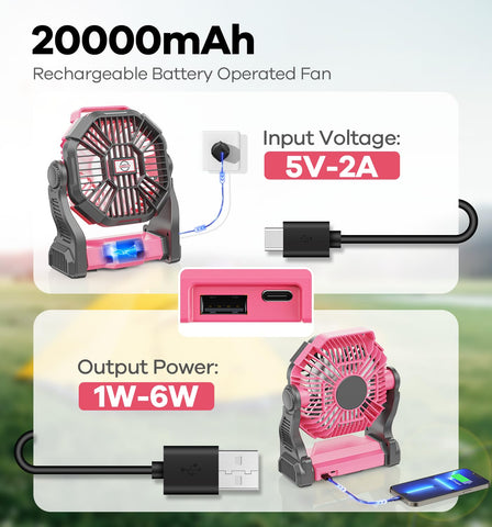 DOWILLDO camping fan side view showing compact design and long runtime.