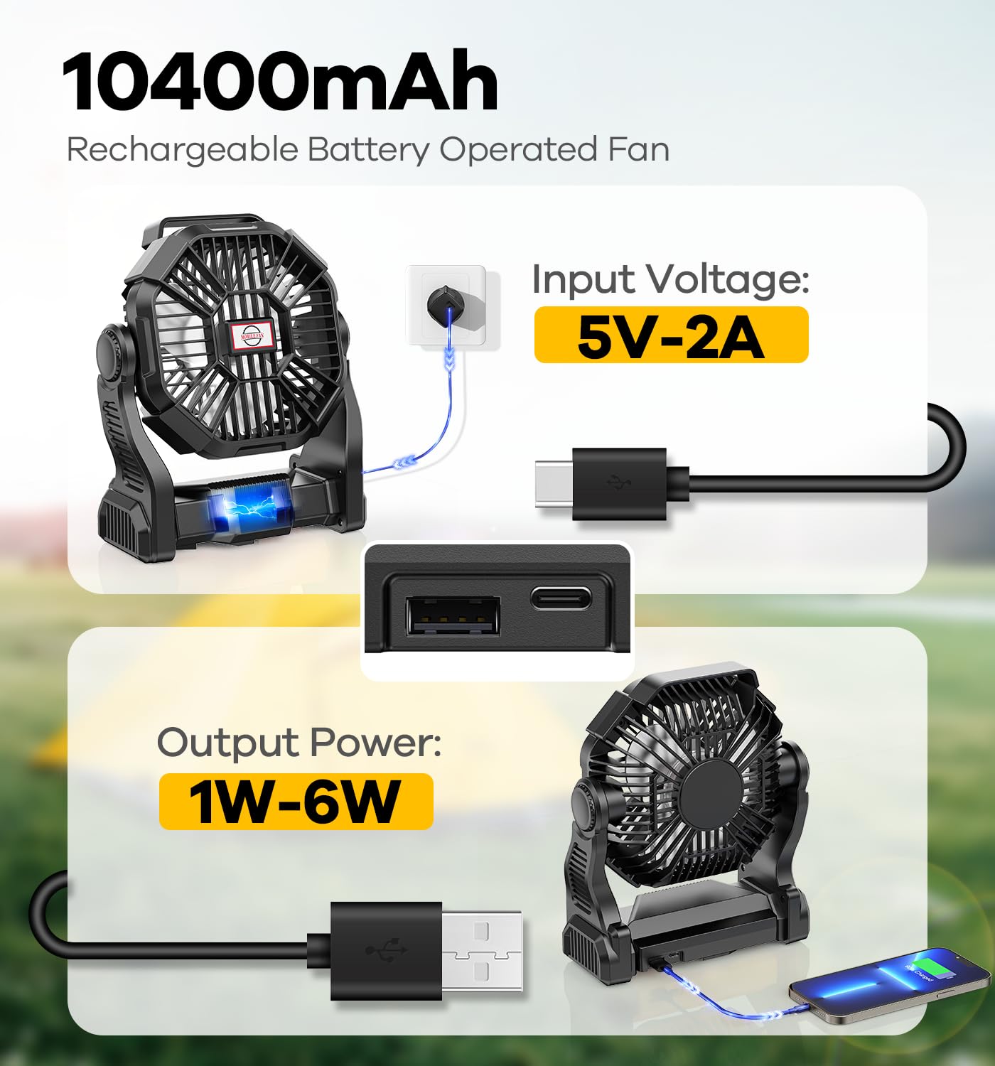 DOWILLDO camping fan battery pack emphasizing built-in 15000mAh power