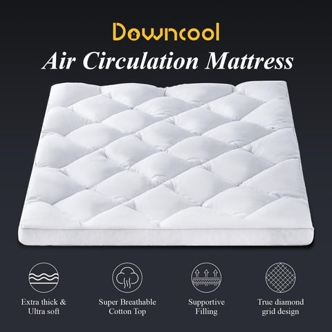 Downcool 3-inch queen topper with breathable mesh sides for cooler, drier nights.