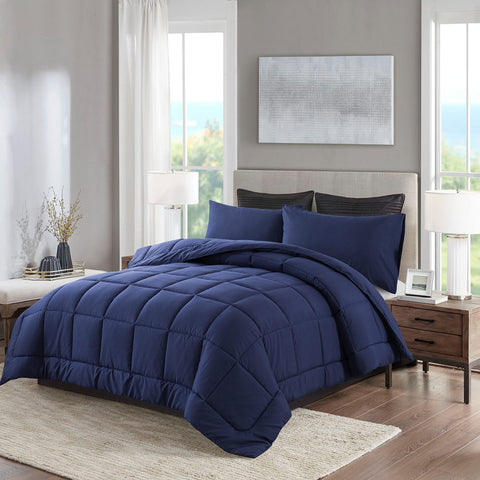 DOWNCOOL Blue Full Size Comforter Set packaging showing compact vacuum seal for easy shipping