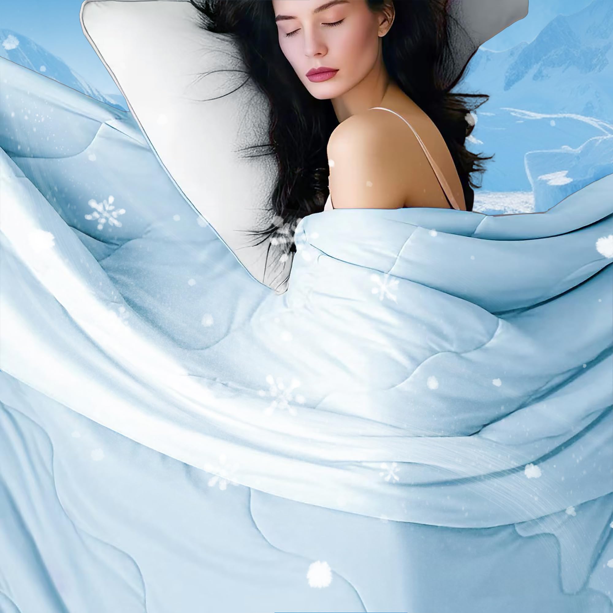 Downcool cooling comforter on a blue bed for hot sleepers.