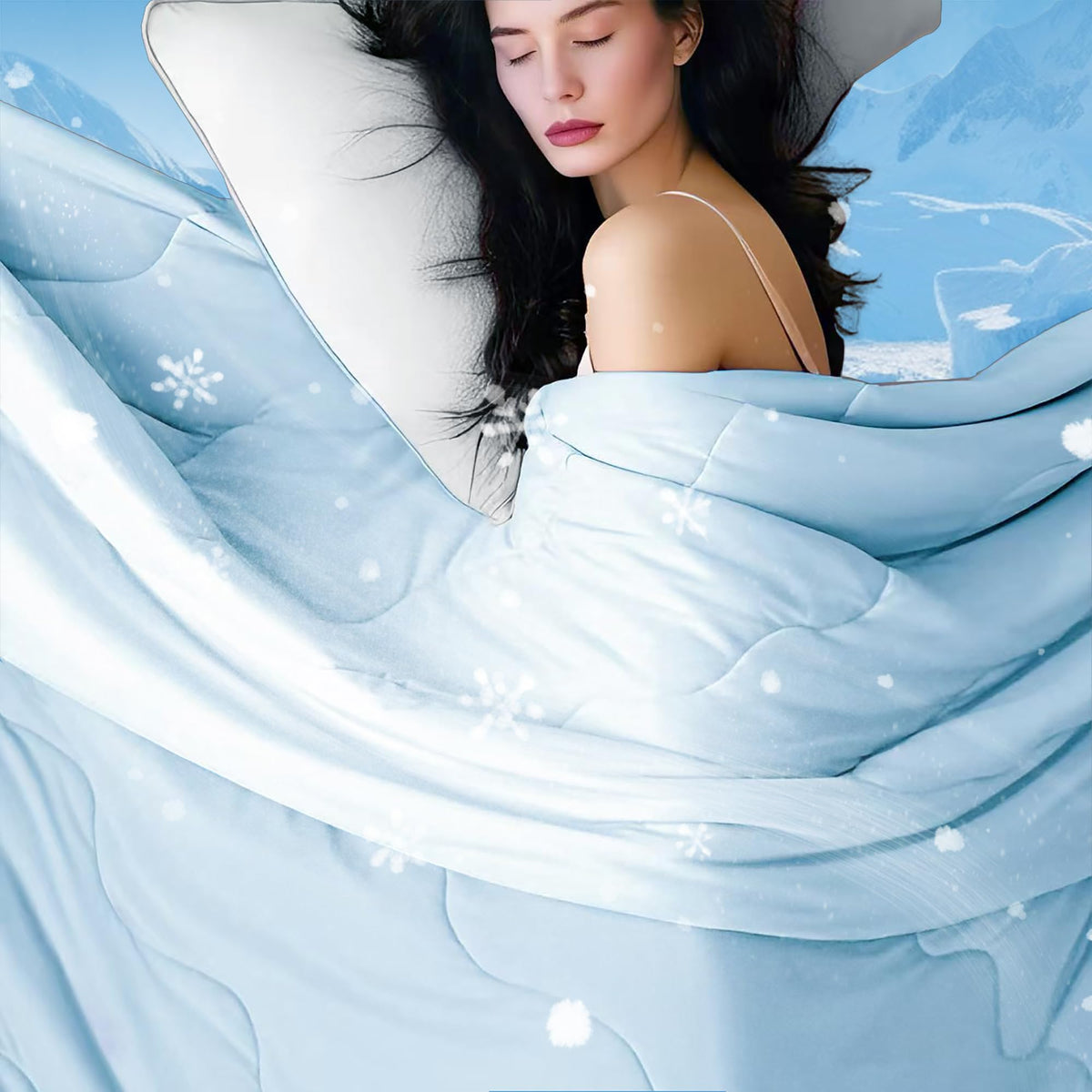 Downcool cooling comforter on a blue bed for hot sleepers.