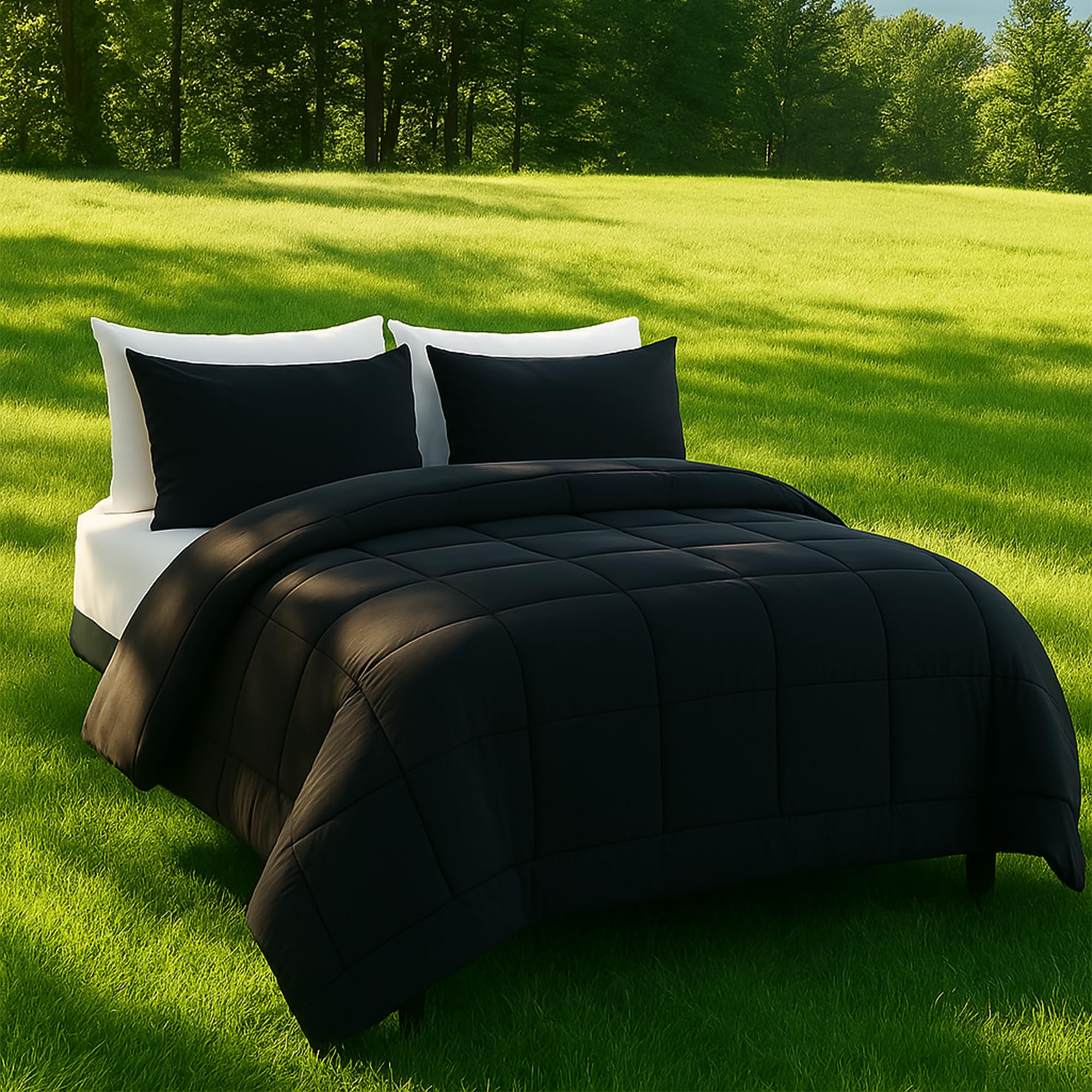 DOWNCOOL comforter set stitching detail highlights secure box quilting.