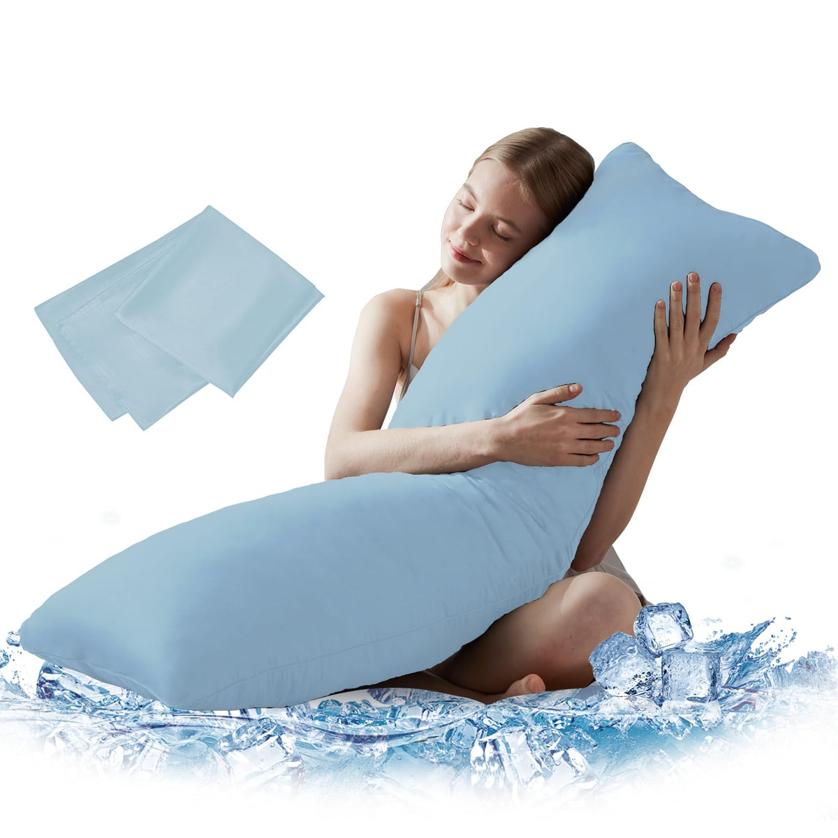 DOWNCOOL large body pillow with blue cooling cover ready for use