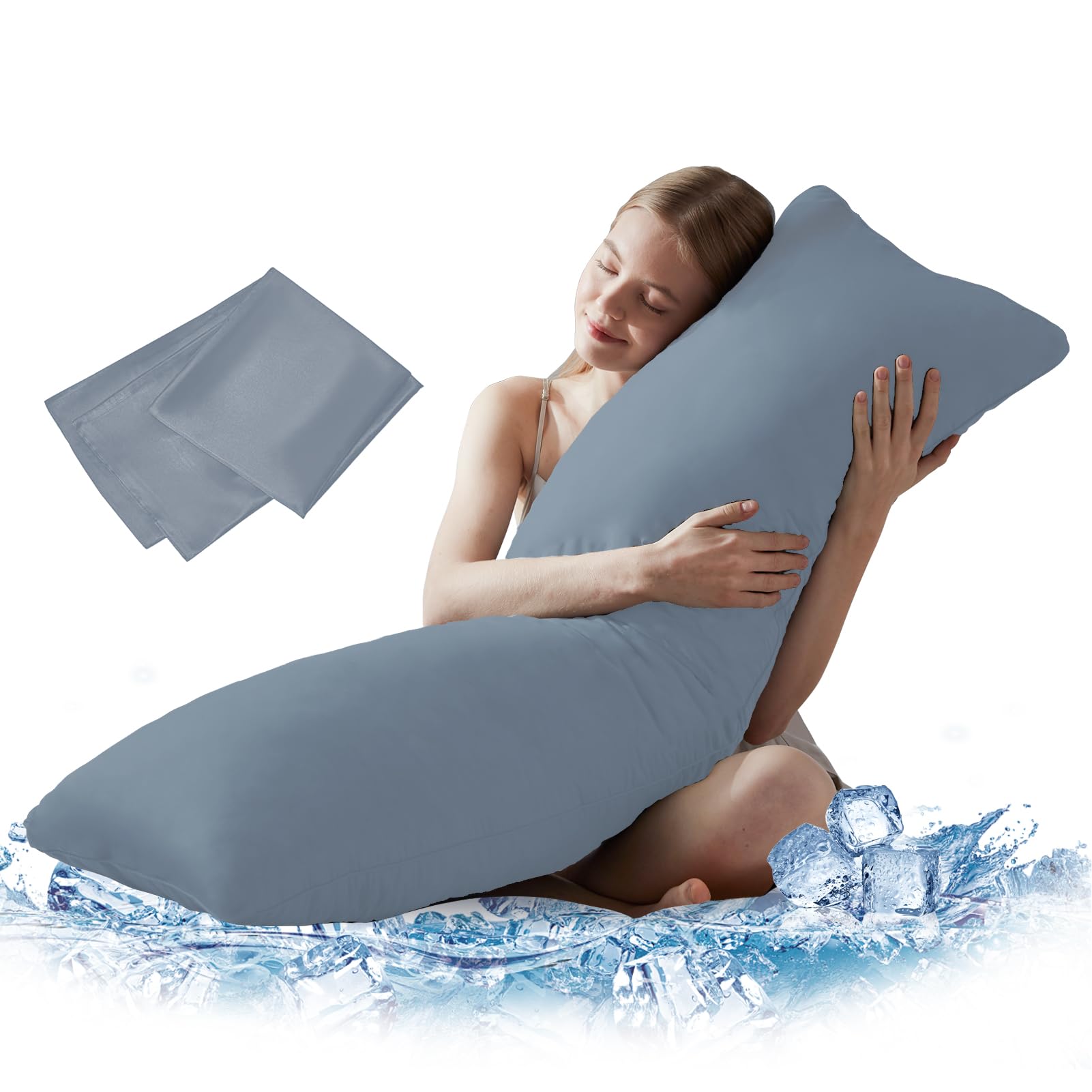 Downcool large body pillow insert shown with 20x54 inch dimensions for full-body support.