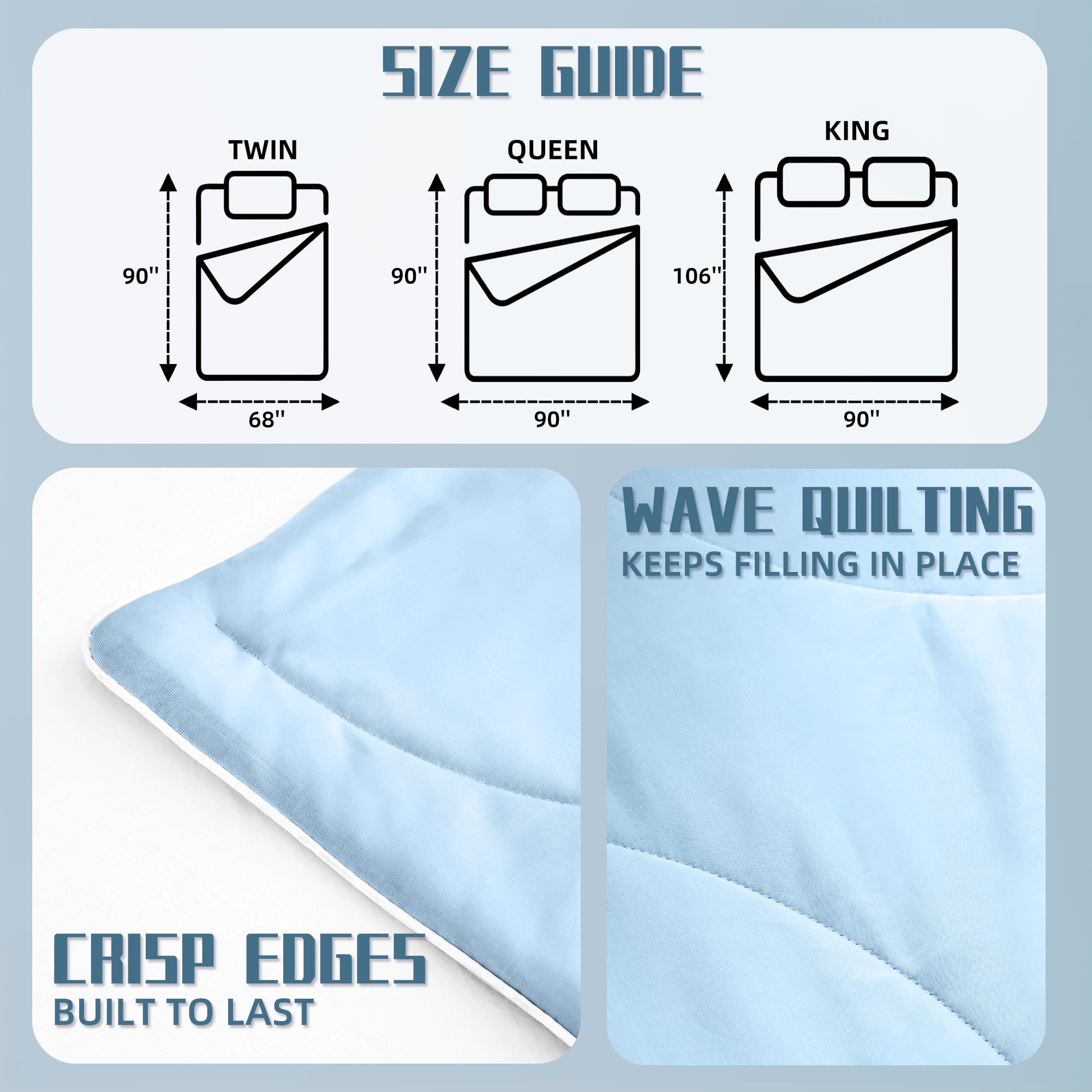 Downcool lightweight summer blanket on a blue bed setup.