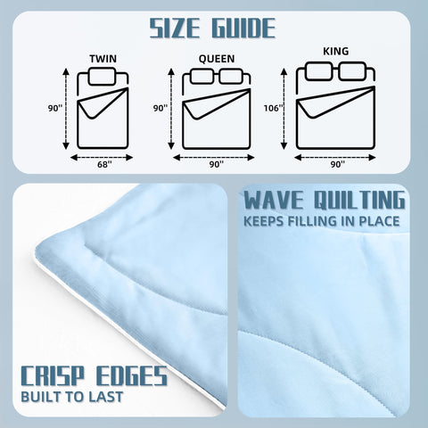 Downcool lightweight summer blanket on a blue bed setup.
