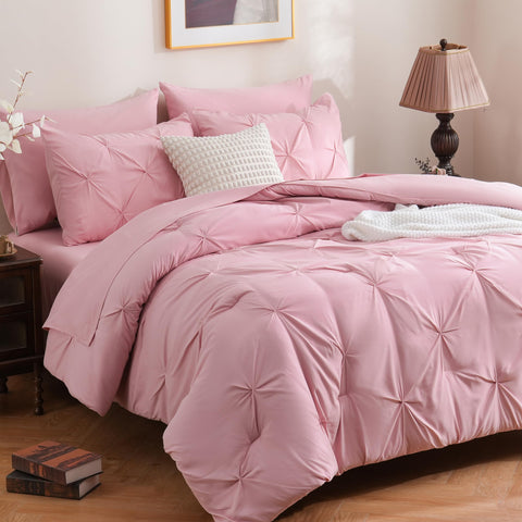 DOWNCOOL pink full-size comforter set with pinch-pleat design for elegant bedroom style