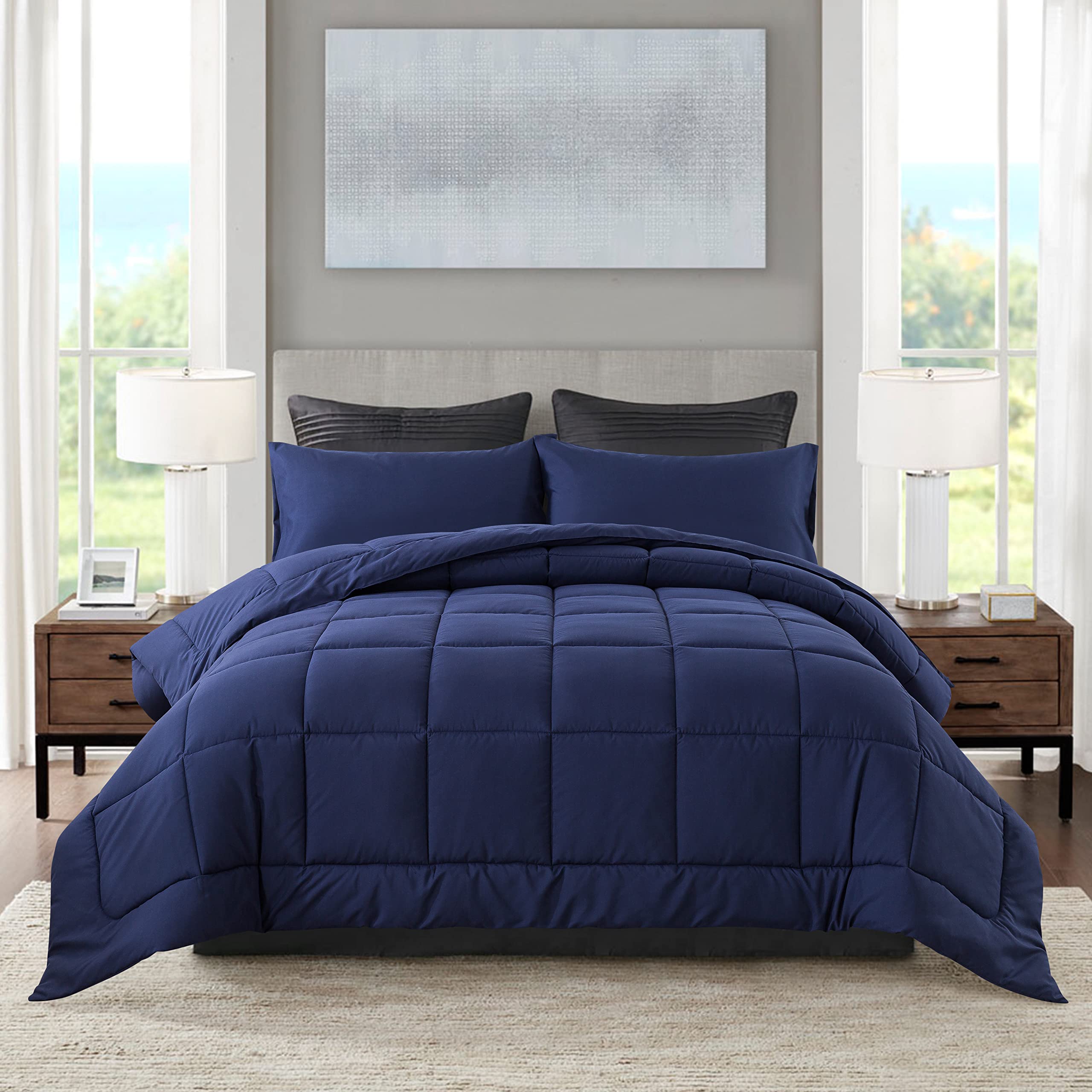 DOWNCOOL twin comforter in blue on bed showing all-season warmth