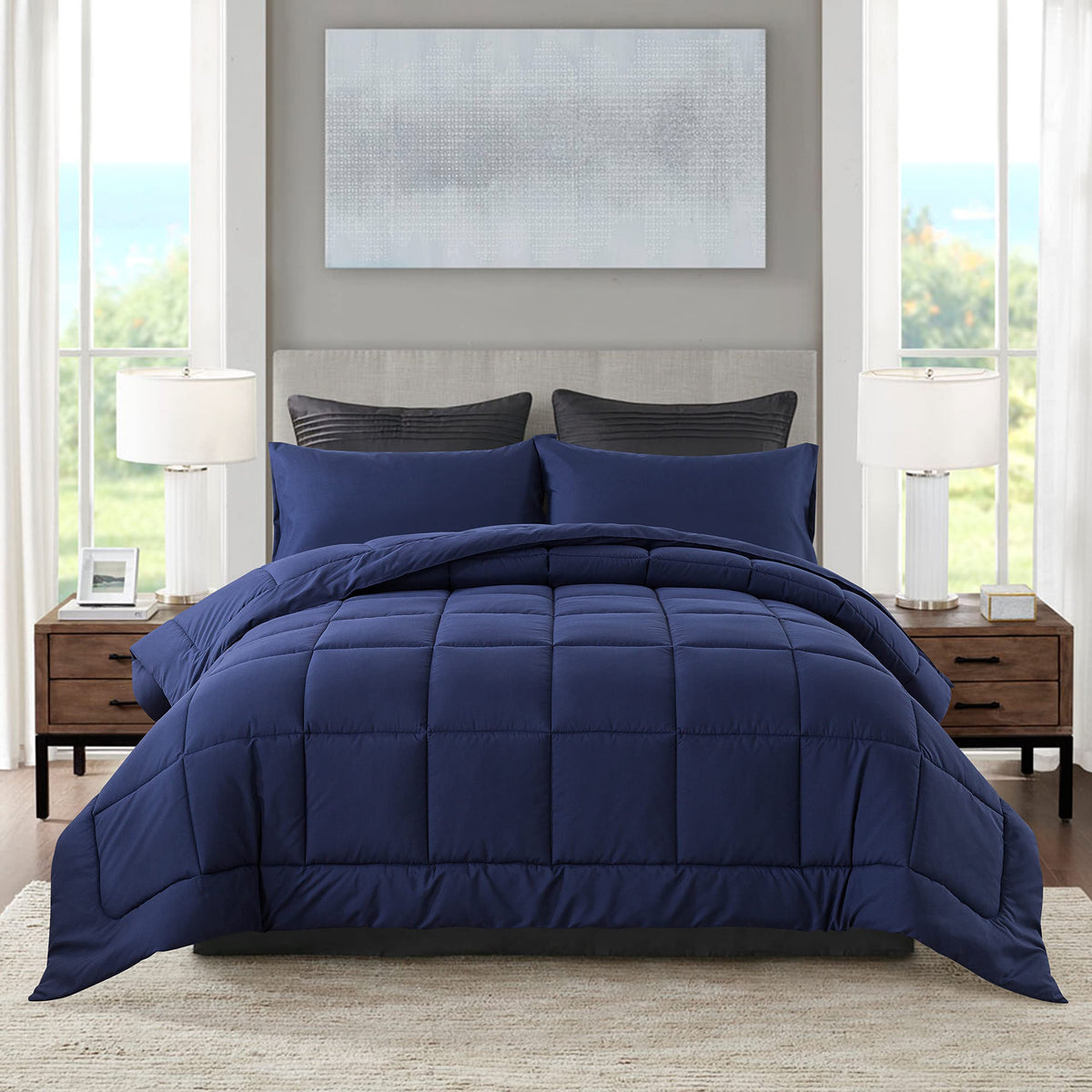 DOWNCOOL twin comforter in blue on bed showing all-season warmth