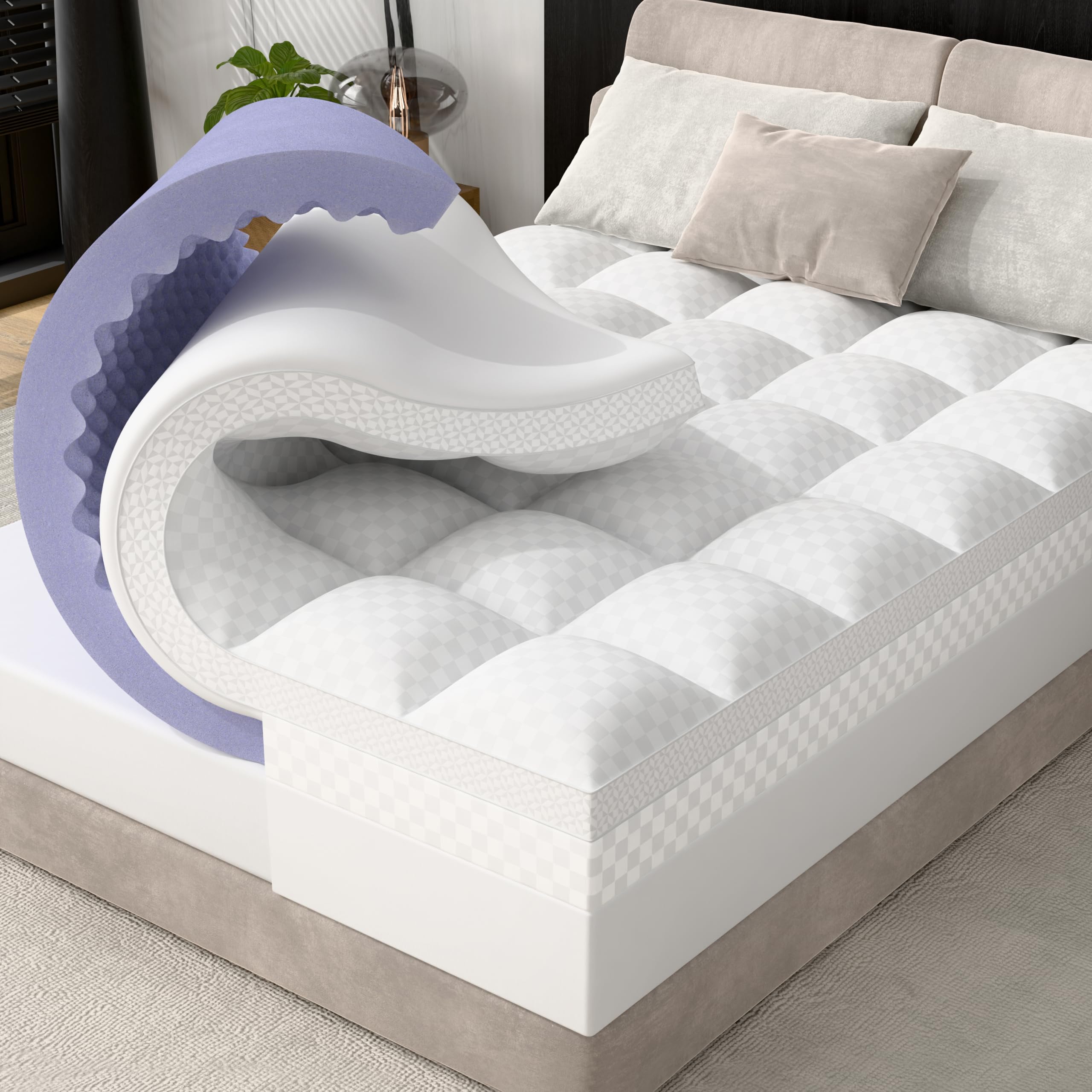 Downluxe 4-in-king mattress topper with egg crate foam for cooling support.
