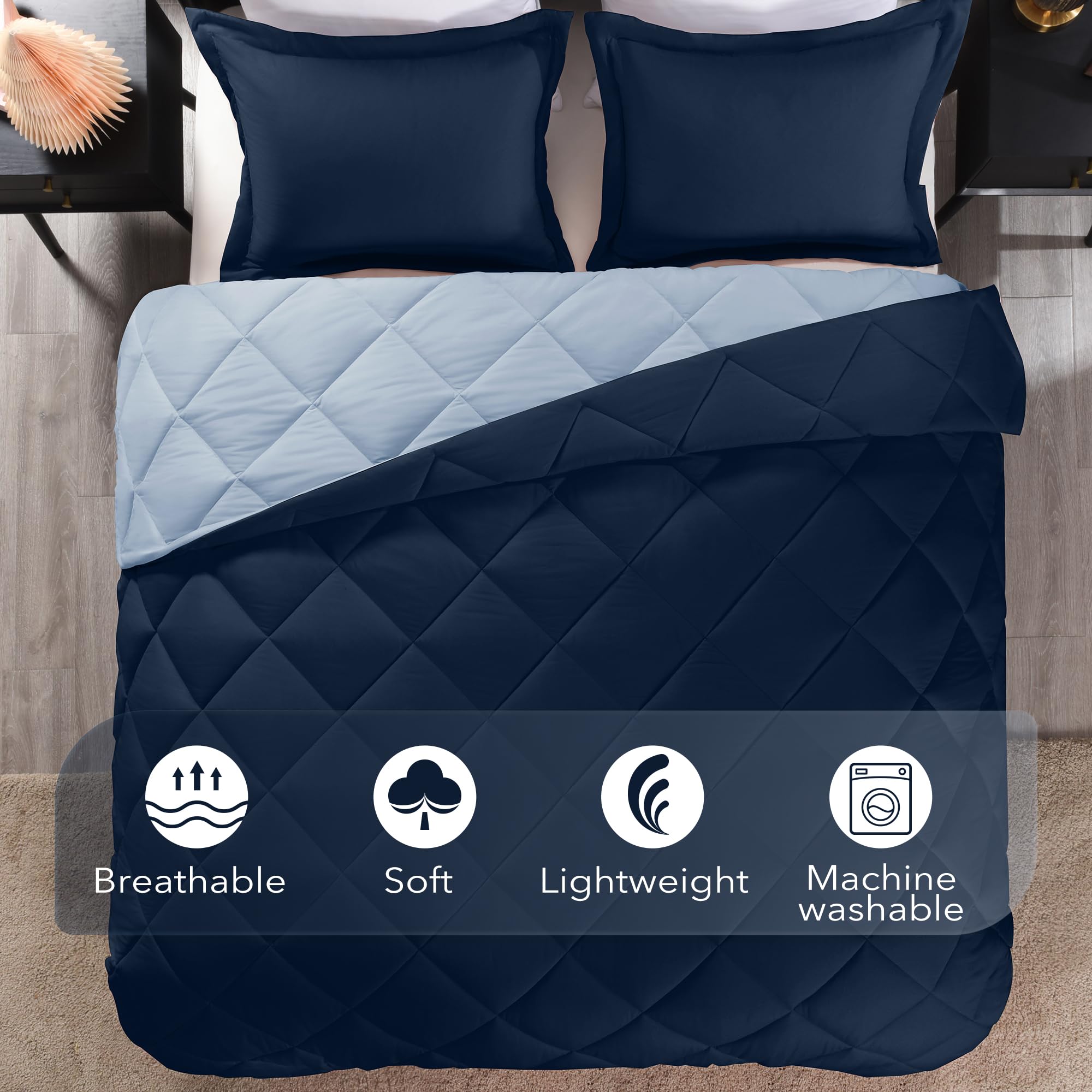 downluxe Bedroom decor setup with blue-sapphire bedding adds casual elegance