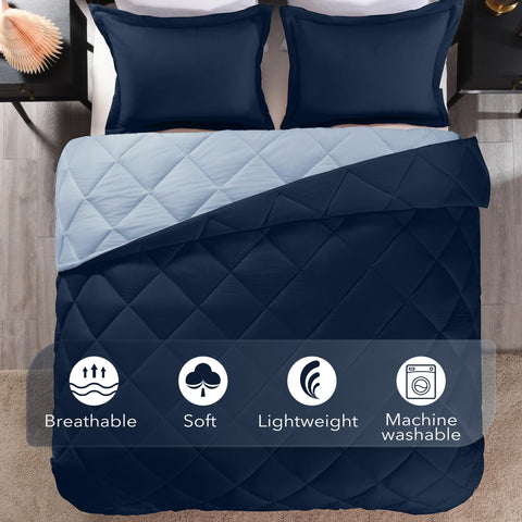 downluxe Bedroom decor setup with blue-sapphire bedding adds casual elegance