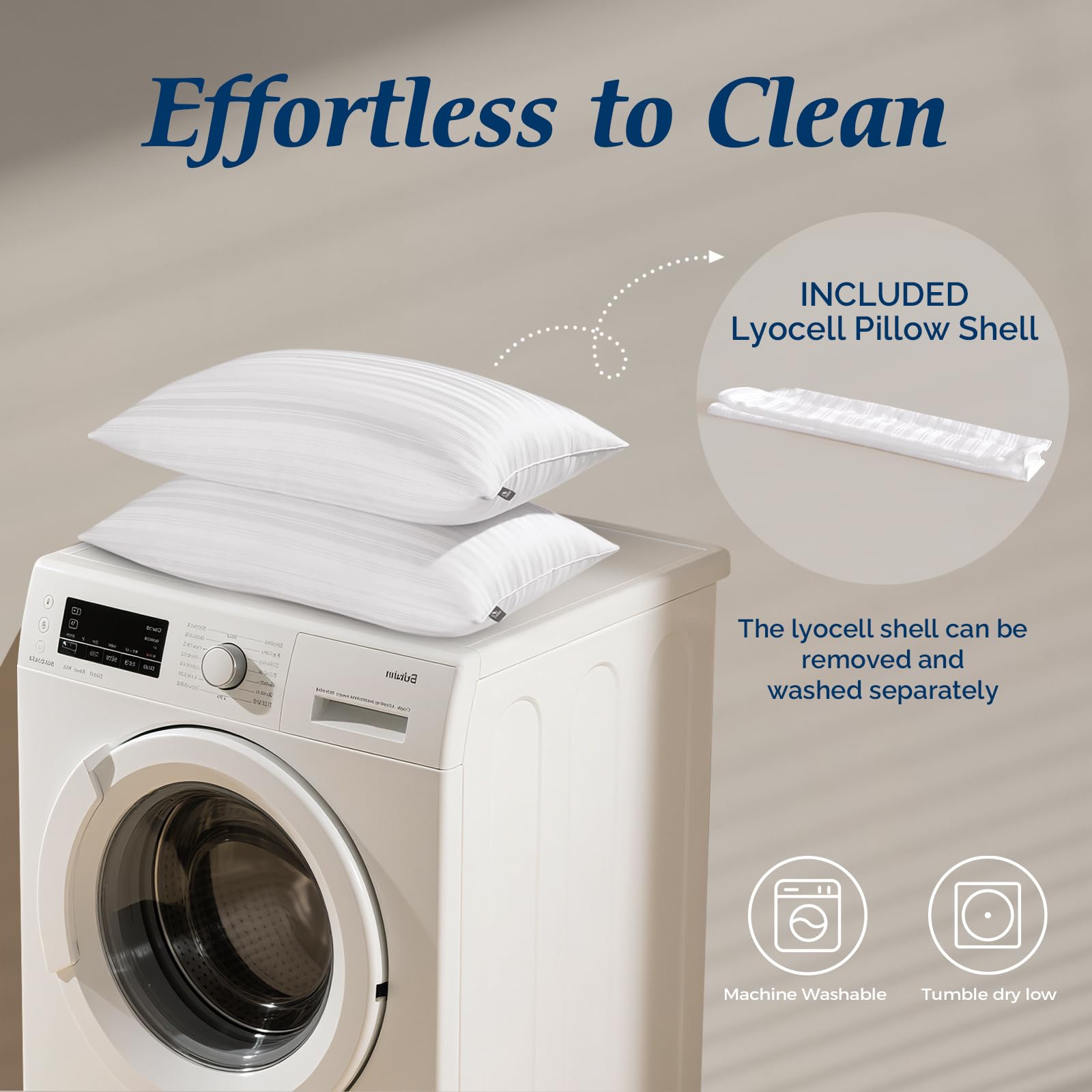 Care instructions on Downluxe pillow highlighting gentle washing and drying.