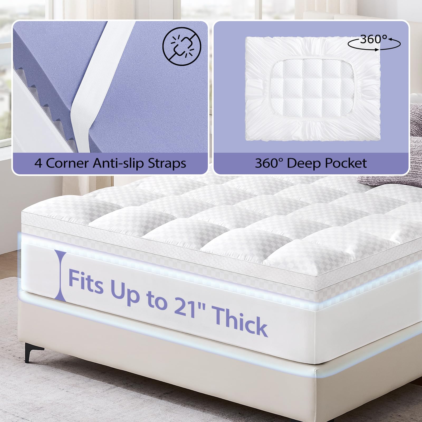 Downluxe deep-pocket design fits mattresses up to 21 inches for a snug fit.