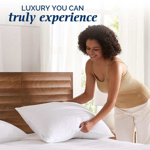 Two Downluxe goose feather pillows shown as a matching queen set.